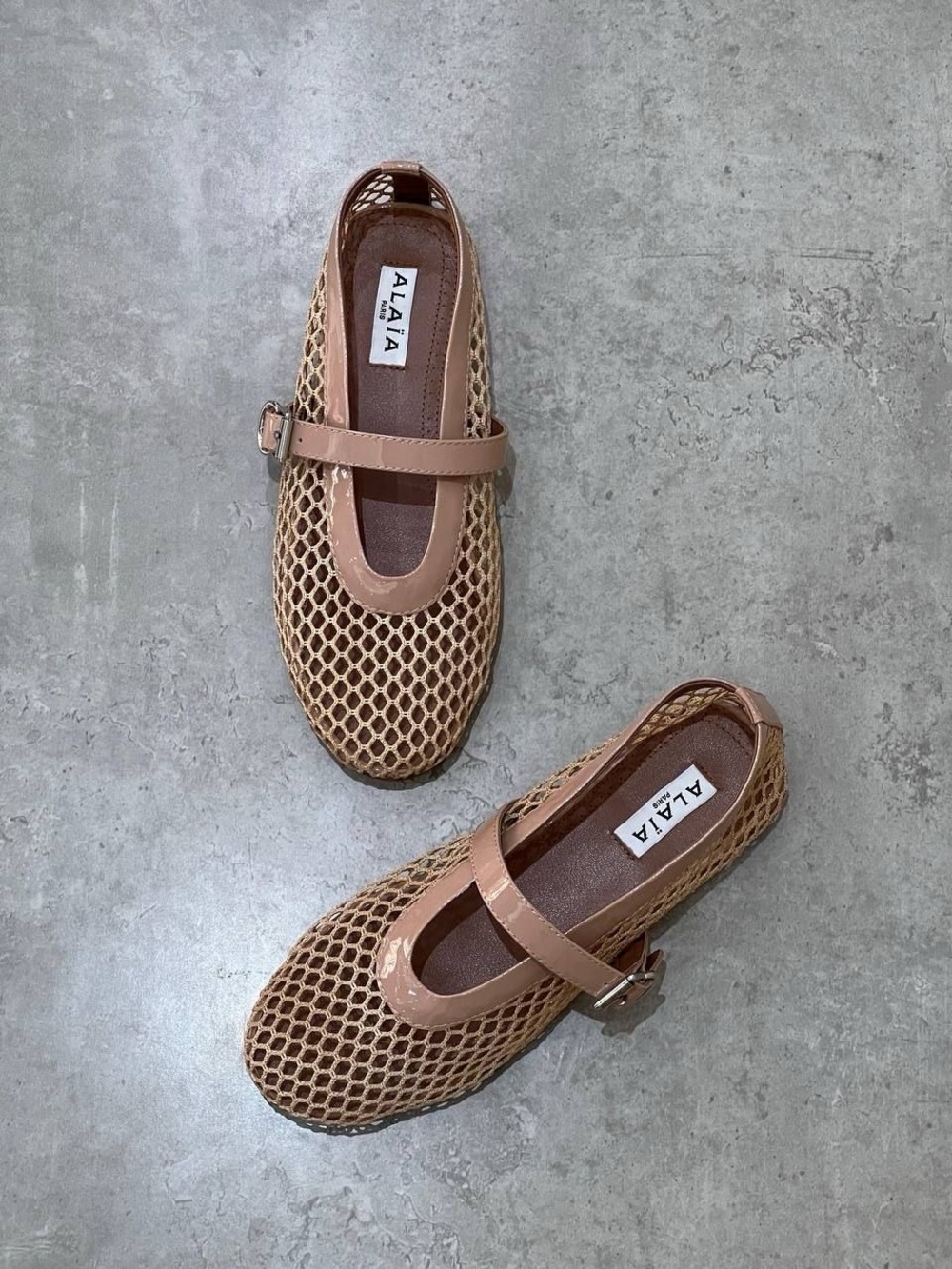 Alaia Ballerina Strap Fishnet Mesh Flats in Combo Beige & Tan Size EU 39